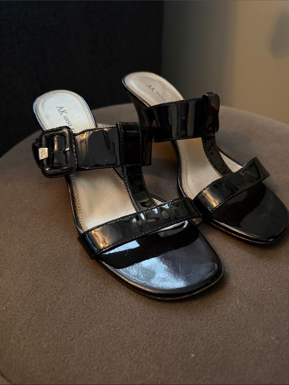 Anne Klein Black Patent Slip-On Slide Mules with Buckle Detail Womens 9